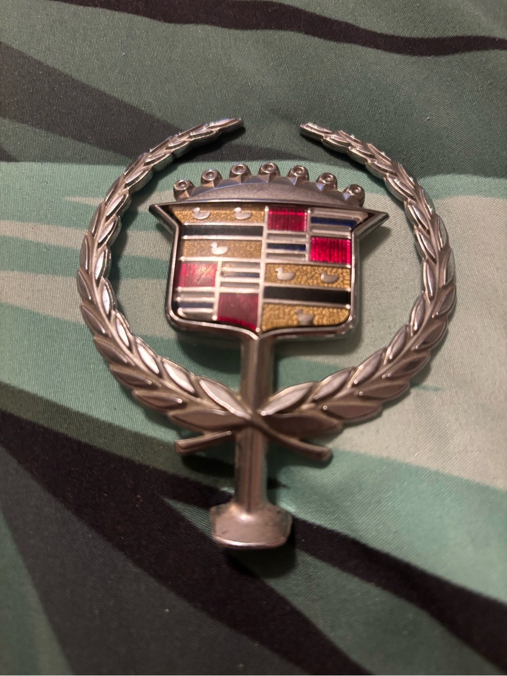 Cadillac Crest Hood Emblem Pin in Silver with Red and Gold Accents